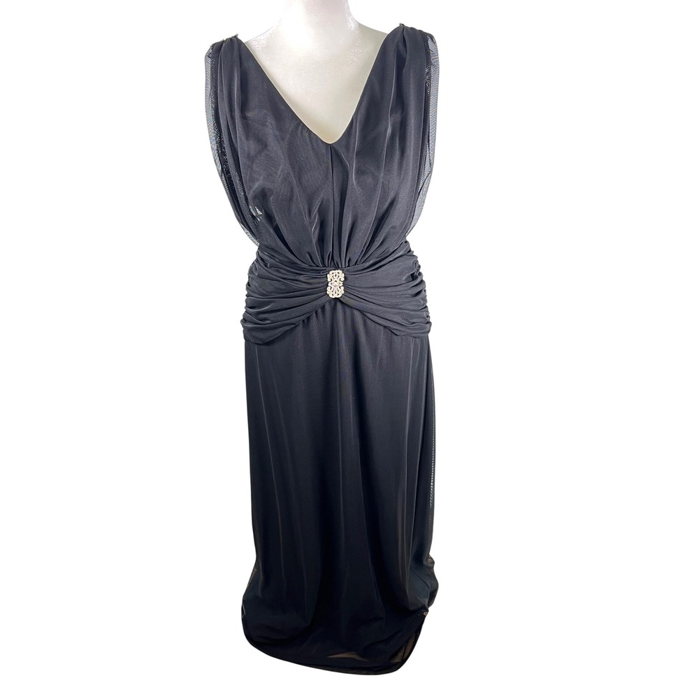Cachet Classic Black Ruched V-Neck Maxi Gown Rhinestone Accents Size 6 Y2K Glam